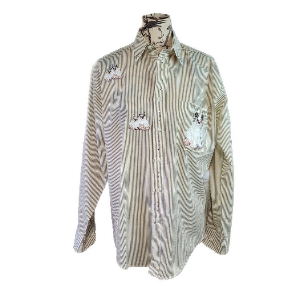 Mili Designs Size S Long Sleeve Button Blouse With Embroidered Cat Design Bling